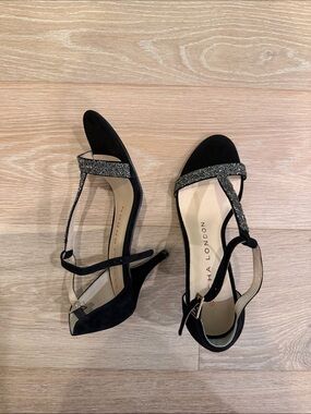Sacha London Black Glitter Strap Women’s Dress Sandals